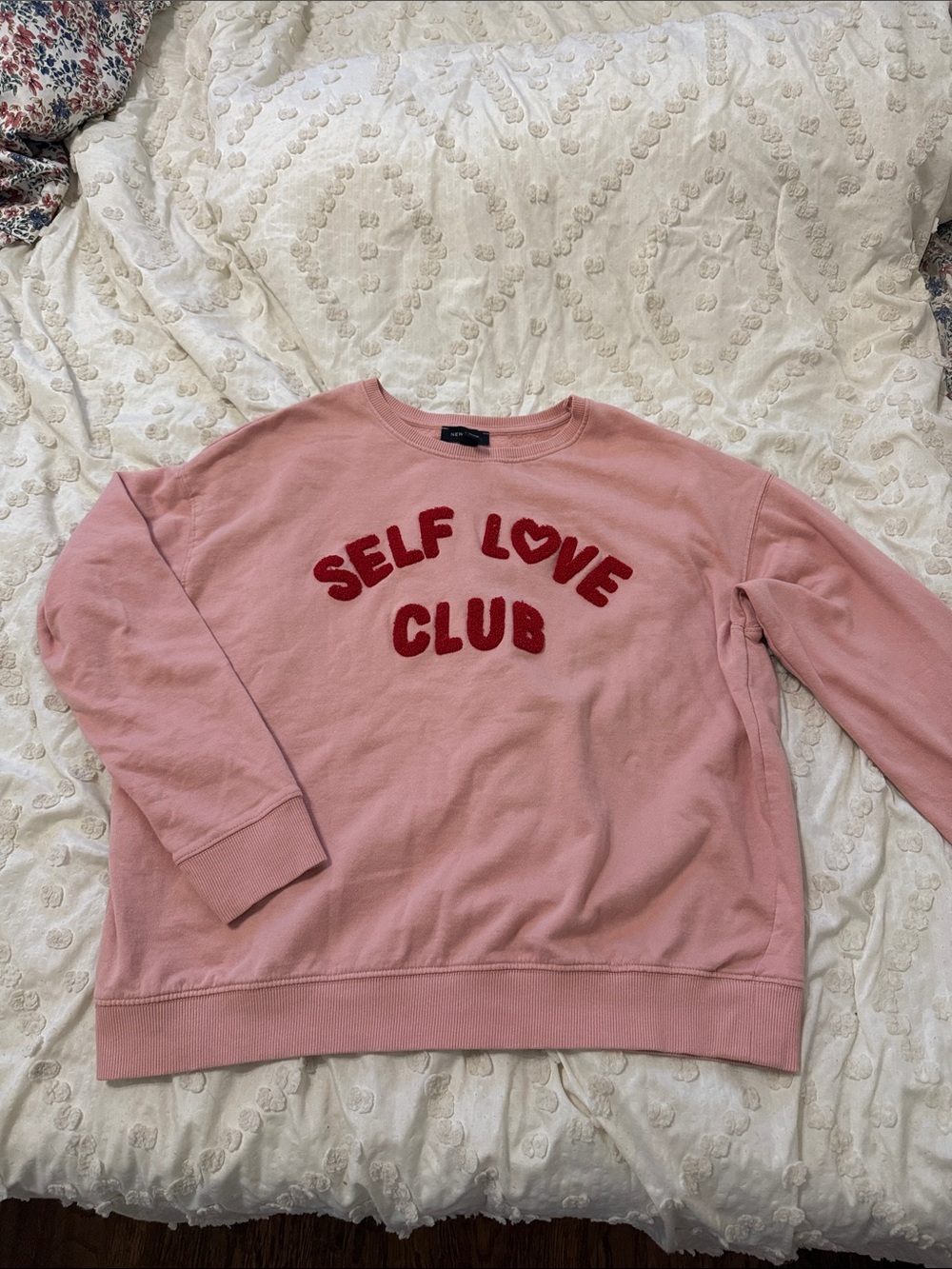 “New Look” small s “self love club” Pink Crewneck with Red Chenille Lettering